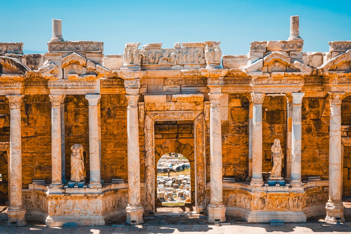 Ornate columned stage building of the Roman theatre at Hierapolis above Pamukkale