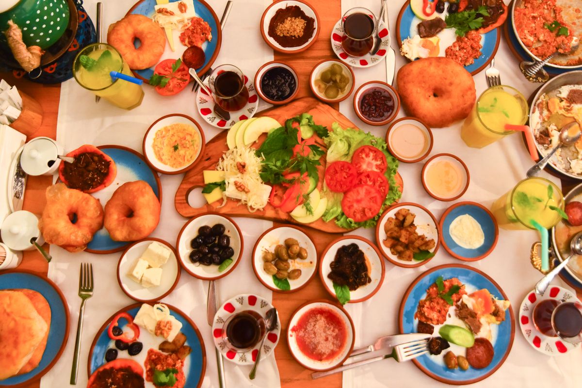 A spread of Turkish meze on a coastal table